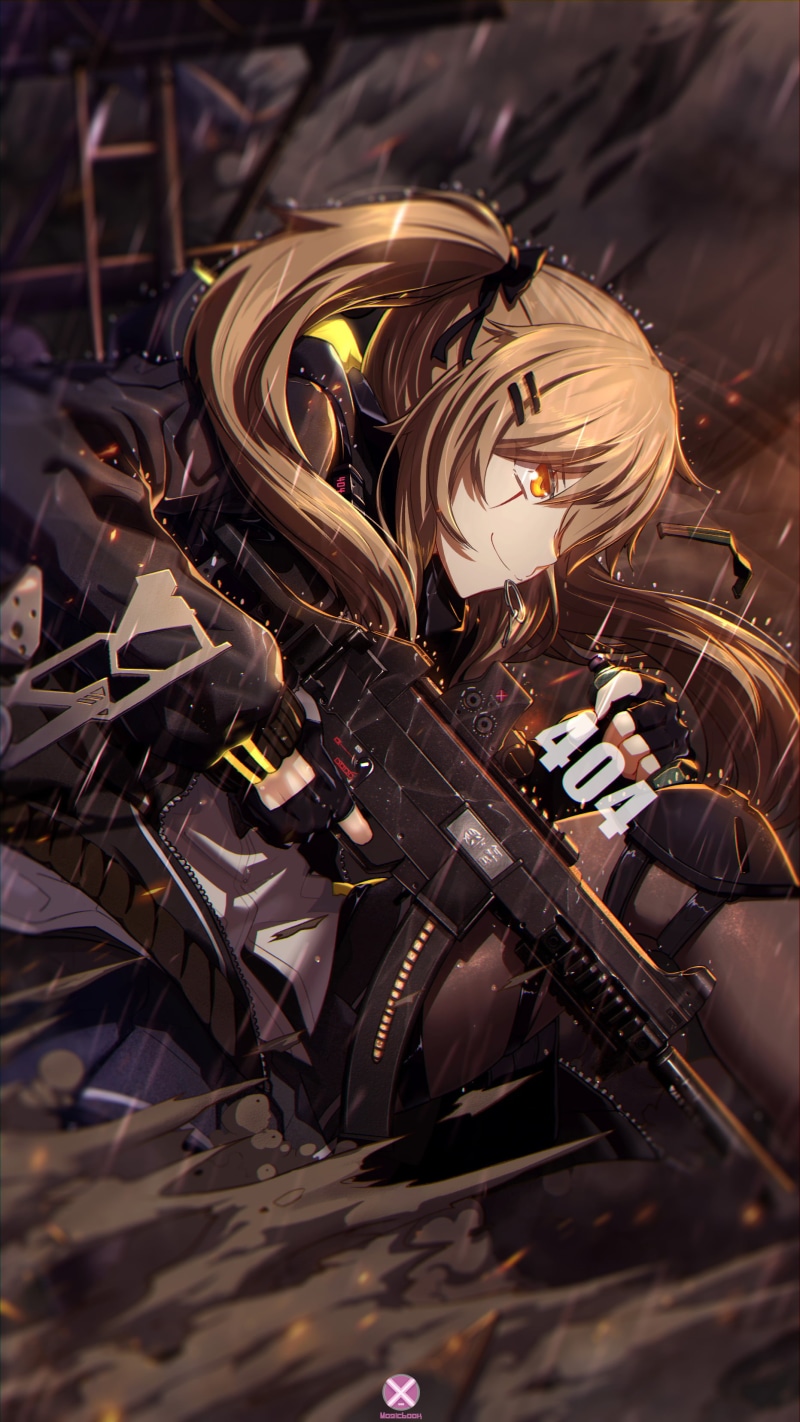 anime girls, Girls Frontline, weapon, blonde, portrait display, digital art, yellow eyes, artwork, anime, vertical, 2K, long hair, rain, Girls Frontline