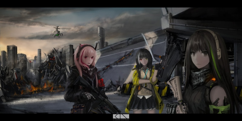 built structure, lifestyles, sky, waist up, winter, anime, clothing, building exterior, M16 (Girls Frontline), M4 SOPMOD II (Girls Frontline), adult, digital composite