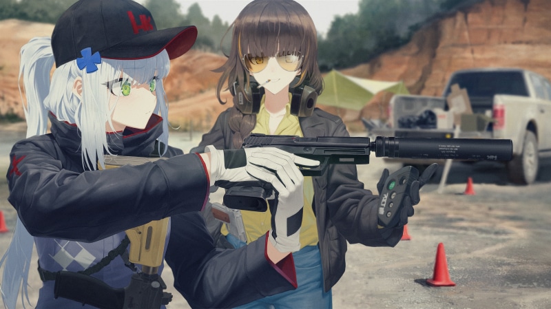 car, hat, gun, white hair, HK416 (Girls Frontline), headphones, anthropomorphism, green eyes, yellow eyes, long hair, sunglasses, gloves, 4K, m4a1 (girls frontline)