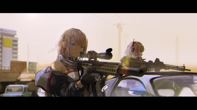 auto post production filter, transfer print, adult, architecture, sculpture, human representation, girls with guns, women, standing, built structure, anime girls