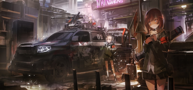 occupation, indoors, Girls Frontline, car, transportation, one person, industry, standing, auto repair shop, front view, real people, repairing, land vehicle