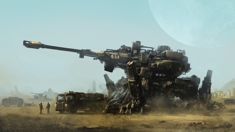 old-fashioned, weapon, outdoors, gray, land, 1080P, dirty, vehicle, no people, machinery, canon, aggression, fighting, sky, illustration, mech, concept art