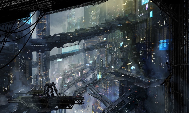 Robots, modern, cyberpunk, office building exterior, night, reflection, residential district, artwork, tower, science fiction, urban, no people, 720P