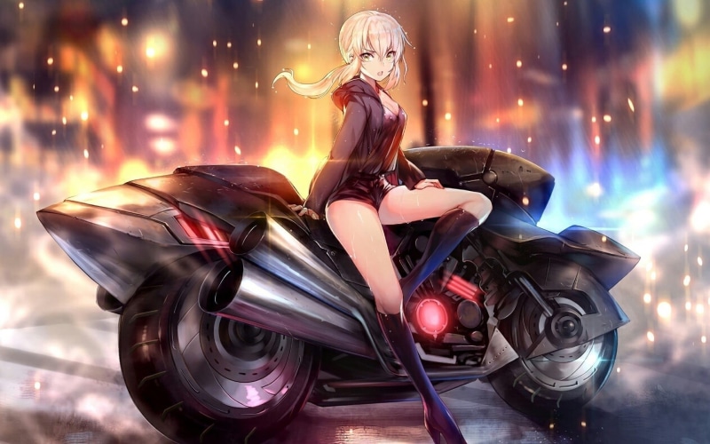 beautiful woman, young women, Saber Alter, motorcycle, crash helmet, illuminated, helmet, anime girls, mode of transportation, 1080P, night, women, females
