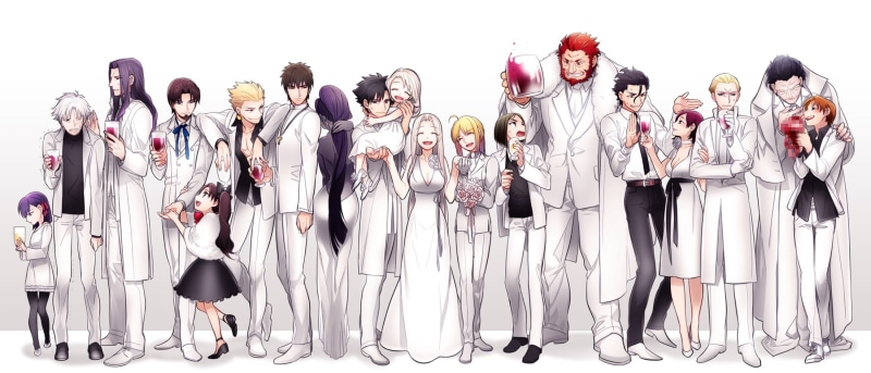 clothing, business person, Tokiomi Tohsaka, illustration, uniform, Matou Sakura, Fate/Zero, indoors, cut out, Gilgamesh, business, Saber, large group of people