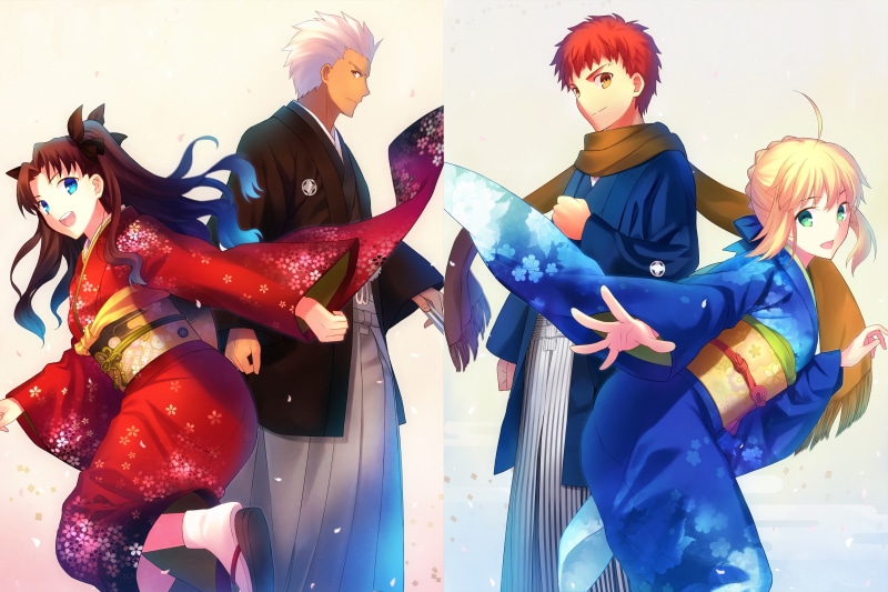 lifestyles, Fate Series, kimono, art and craft, 5K, choice, multi colored, celebration, Saber, anime girls, creativity, mask, Shirou Emiya, Tohsaka Rin