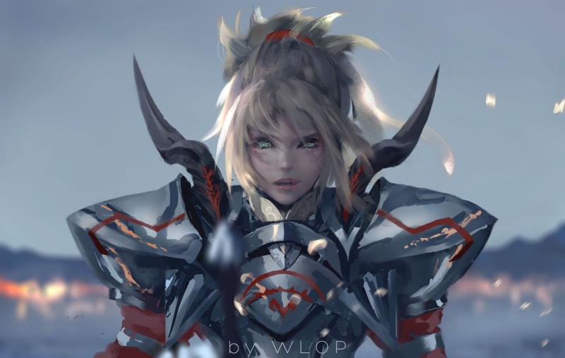 child, headwear, Saber of Red, innocence, front view, portrait, illuminated, Fate/Apocrypha, lifestyles, focus on foreground, hairstyle, sky, leisure activity