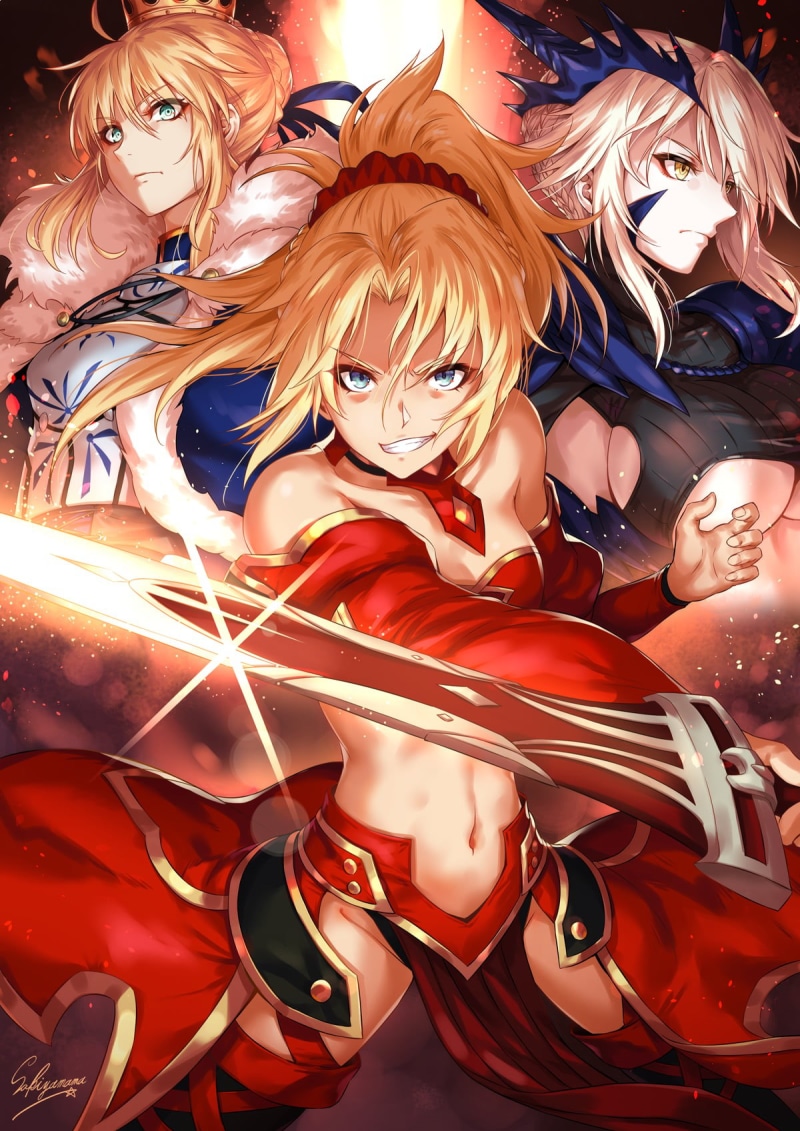 Artoria Pendragon (Lancer), Mordred (Fate/Apocrypha), sakiyamama, 720P, anime girls, Saber, Artoria Pendragon, Fate/Grand Order, anime