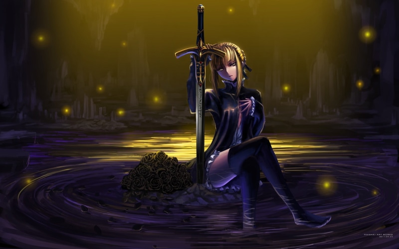 architecture, anime girls, holding, motion, sitting, dress, wearing, illustration, full length, anime, women, adult, illuminated, Fate/Stay Night, arts culture and entertainment