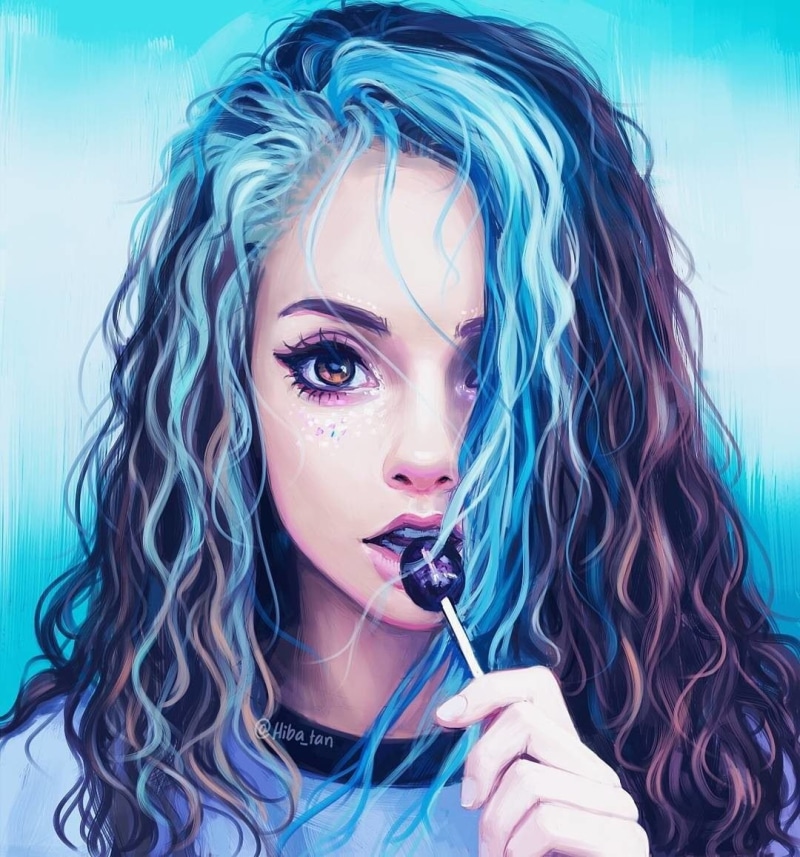 hair, studio shot, long hair, drawing, artwork, young adult, make-up, fashion, indoors, blue hair, 480P, headshot, beautiful woman, beauty, adult, teenager