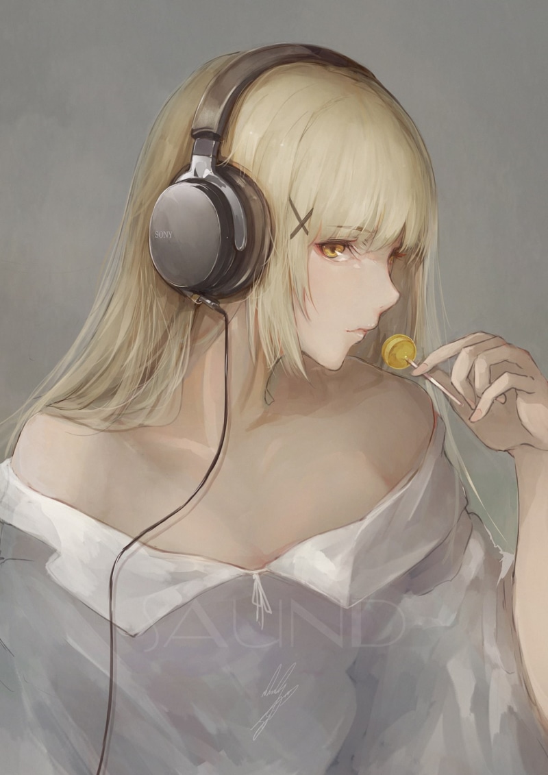 long hair, blonde, headphones, anime girls, lollipop, 720P, anime