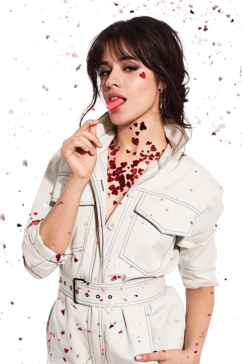 looking at viewer, Camila Cabello, singer, simple background, 720P, women, brunette, lollipop