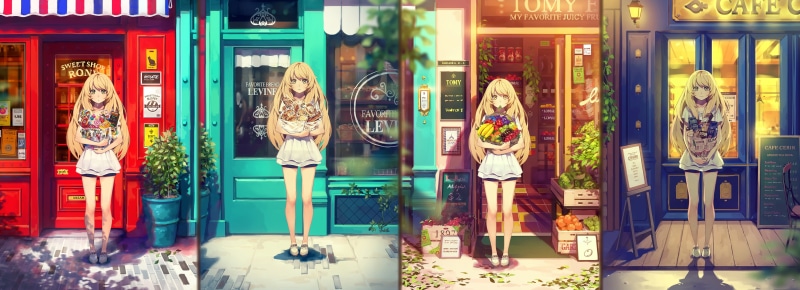 female likeness, human representation, anime girls, building exterior, city, creativity, store, multi colored, stores, lollipop, communication, no people