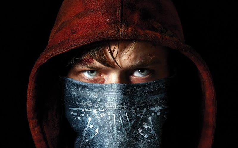 red, hood - clothing, headshot, covering, Metallica , human eye, eye, mask, human face, adult, wearing, looking at camera, portrait, studio shot, face