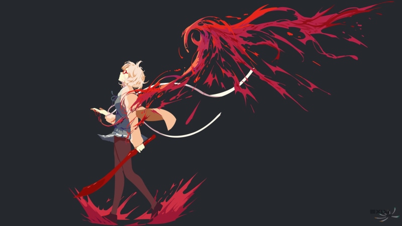 splashing, creativity, motion, Kuriyama Mirai, art and craft, paint, full length, abstract, one person, red, flowing, studio shot, Kyoukai no Kanata, copy space