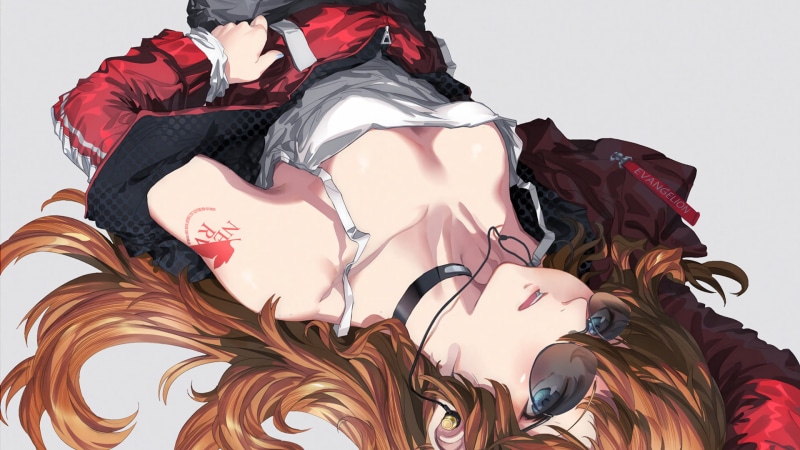 anime, Asuka Langley Soryu, ear buds, tattoo, cleavage, anime girls, Asuka Langley Shikinami, 1080P, jacket, sunglasses, Neon Genesis Evangelion, choker