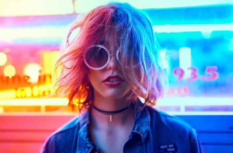 women with glasses, hairstyle, women, 1080P, front view, neon, illuminated, focus on foreground, face, glasses, adult, sunglasses, leisure activity, portrait