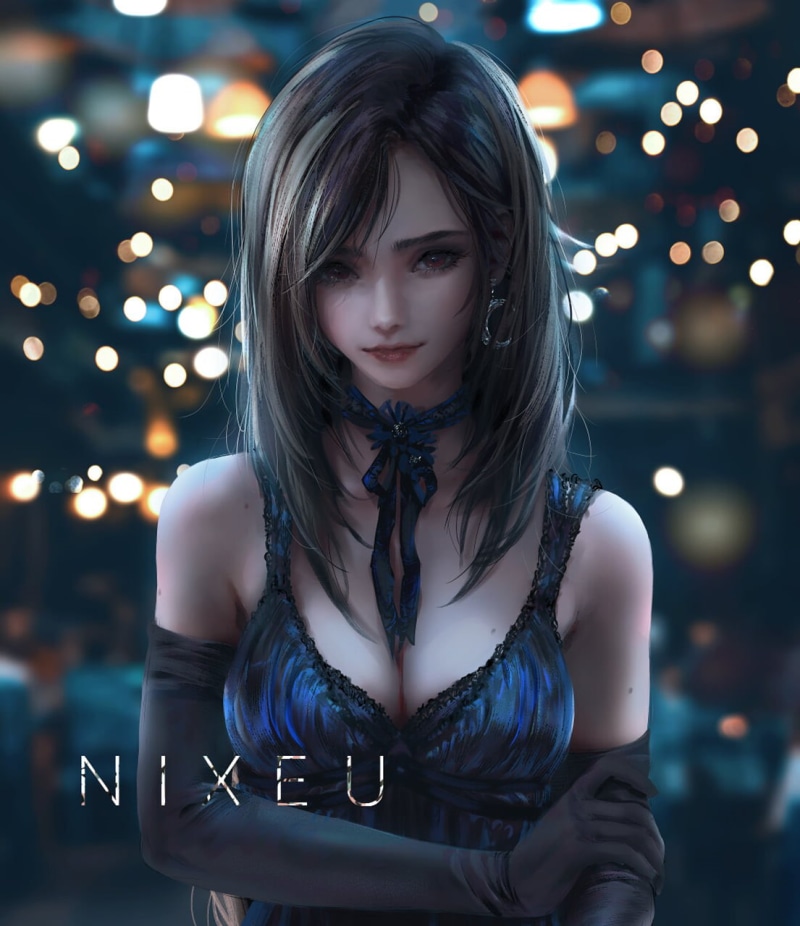 blue clothing, drawing, Tifa Lockhart, Final Fantasy, Nixeu, women, looking at viewer, 720P, straight hair, elbow gloves, brunette, choker, long hair