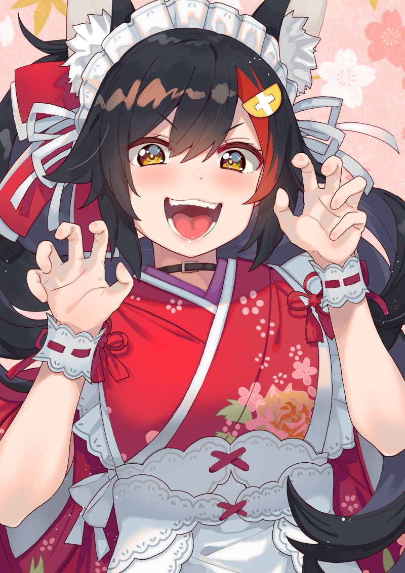 open mouth, Virtual Youtuber, artwork, animal ears, black hair, Ookami Mio, 4K, long hair, hair accessories, blushing, drawing, anime girls, fan art, Pixiv