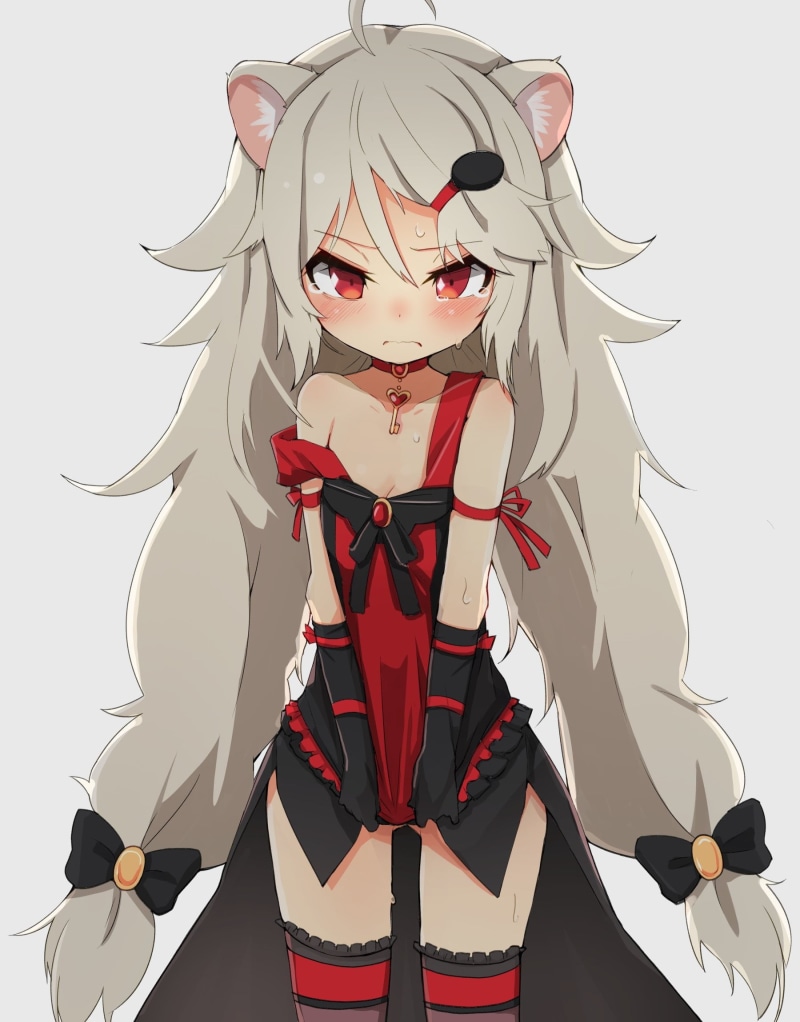 1080P, cleavage, Show By Rock!!, celebration, three quarter length, gray hair, adult, stockings, mask, red eyes, long hair, thigh-highs, anime, portrait
