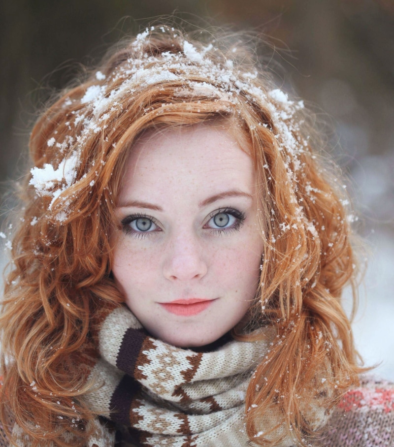 women, headshot, hair, women outdoors, young women, beauty, portrait, 1080P, clothing, one person, long hair, closeup, gray eyes, green eyes, face, snow