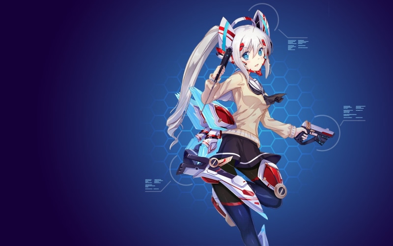 human body part, gun, anime girls, one person, fun, technology, fashion, women, mecha girls, robot, skirt, adult, blue eyes, colored background, armor