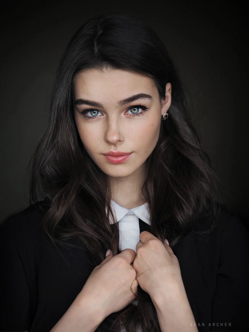 brunette, Bogdana, pink lipstick, portrait display, Sean Archer, black hair, model, lipstick, bokeh, gray eyes, face, 720P, women indoors, women, depth of field