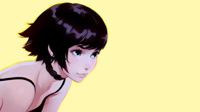 Ilya Kuvshinov, digital art, women, brunette, 1080P, choker, short hair, simple background, black dress