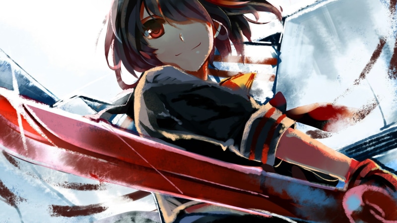digital, outdoors, man, vehicle hood, holding, 1080P, Kill la Kill, no people, sunlight, close-up, mode of transportation, sword, red, artwork, nature