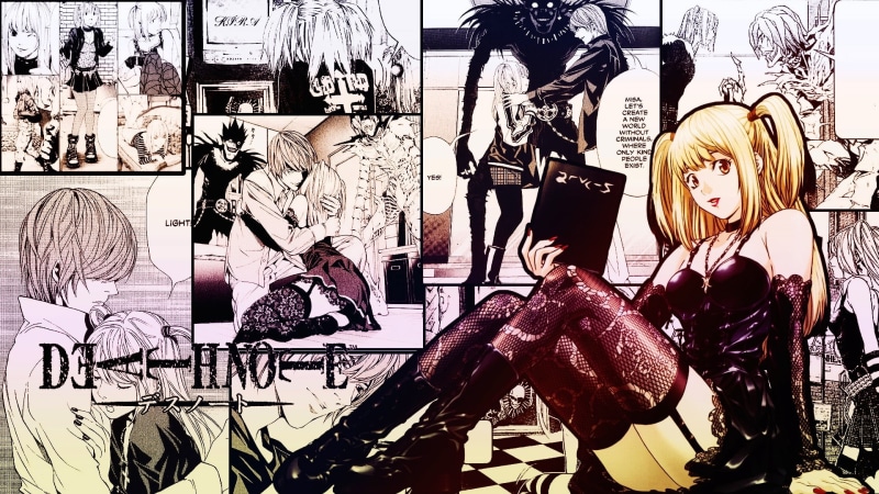 black stockings, anime girls, Misa Amane, Death Note, choice, male likeness, wall - building feature, female likeness, black dress, creativity, blond hair