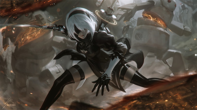 Sean Tay, dress, gloves, drawing, weapon, robot, black clothing, katana, hairband, silver hair, 2B, short hair, Nier: Automata, fighting, 1080P, raikoart