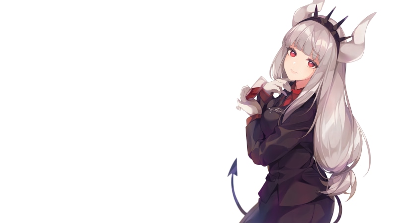 demon girls, red eyes, silver hair, anime, anime girls, 4K, white background, tail, horns, Lucifer (Helltaker), Helltaker