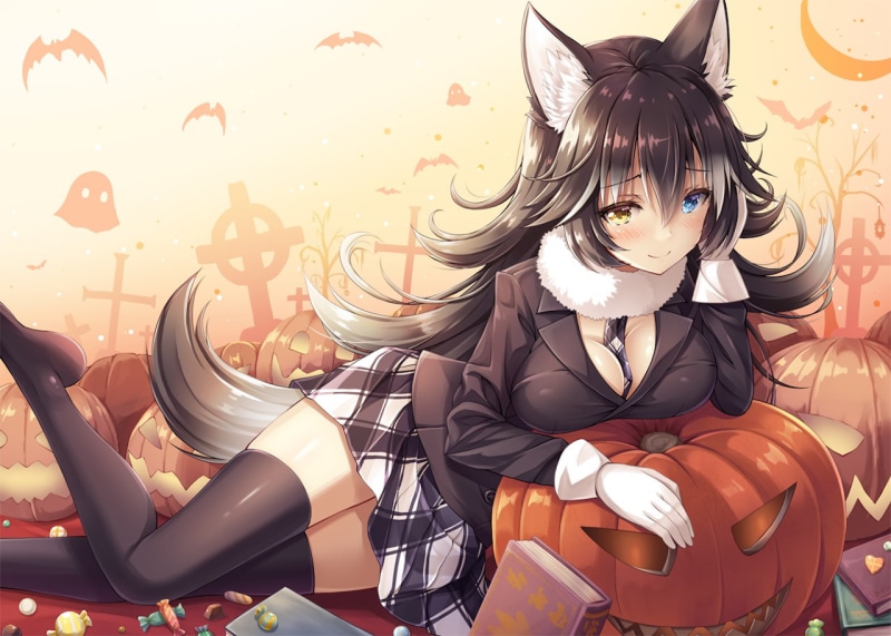black hair, tail, skirt, books, 720P, bats, gloves, cleavage, pumpkin, thigh-highs, animals, long hair, cross, Silver fox (Kemono friends), wolf girls