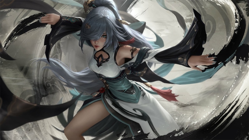 Honkai Impact 3rd, hair accessories, spell, fighting, ponytail, women, silver hair, dress, long hair, Sean Tay, drawing, Fu Hua, 1080P