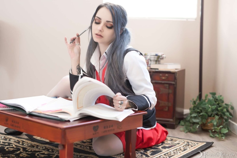 ForbiddenRealm, model, silver hair, 1080P, thigh-highs, studying, Genevieve, tattoo, students