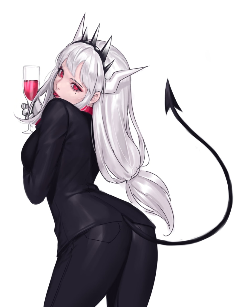 siun, horns, silver hair, simple background, anime girls, Lucifer (Helltaker), anime, demon, Helltaker, 720P