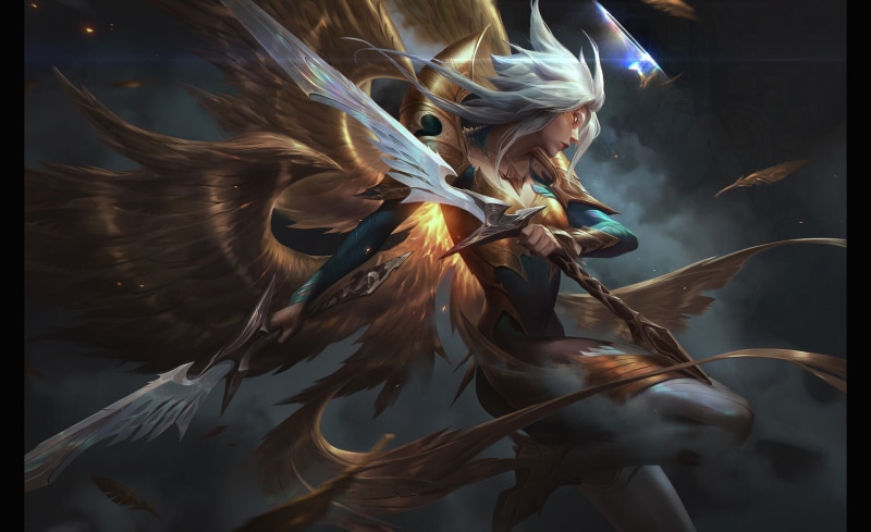 Kayle (League of Legends), women, League of Legends, sword, weapon, wings, Chengwei Pan, drawing, 1080P, fantasy art, silver hair
