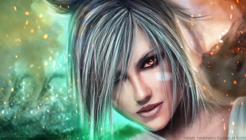 render, red eyes, 1080P, headshot, bangs, hairstyle, Riven, adult, one person, women, human face, haired, indoors, front view, beautiful people, green color