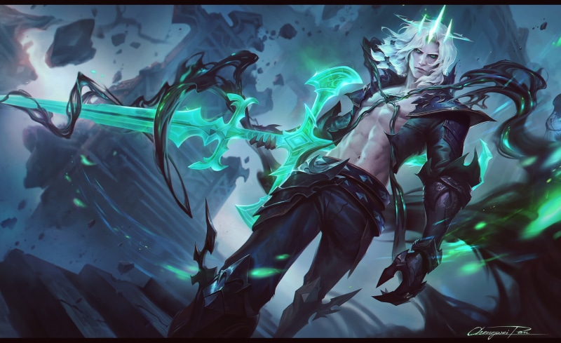 1080P, League of Legends, Chengwei Pan, Viego (League of Legends), magic, drawing, green, warrior, men, sword, glowing, silver hair
