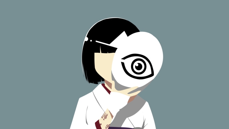 unrecognizable person, smiling, young adult, obscured face, disguise, Anime, standing, cut out, indoors, copy space, holding, Mask, adult, 1080P, circle