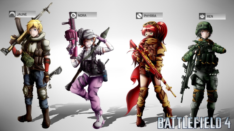 standing, representation, game, space, conflict, creativity, science, group of people, fantasy, clothing, Battlefield 4, Pyrrha Nikos, people, RWBY, war