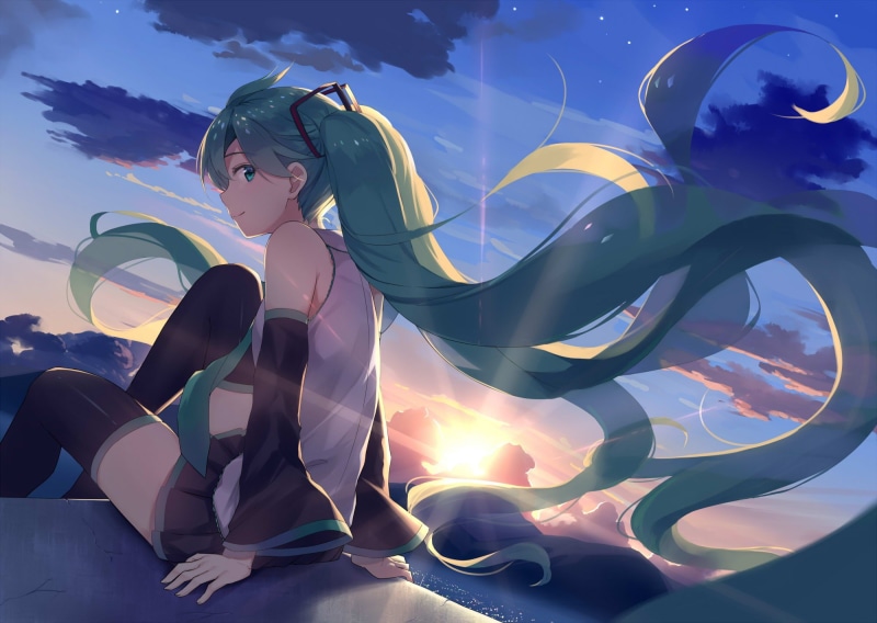 anime, hatsune, anime girls, hatsune miku, girls, vocaloid, sunset, miku, 1080P