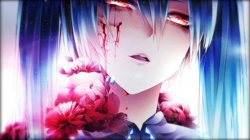 1080P, pink, daisy, eyes, crying, character, flowers, hatsune miku, miku, hatsune, decor, red eyes, anime, girl, red, girls, wall, anime girls
