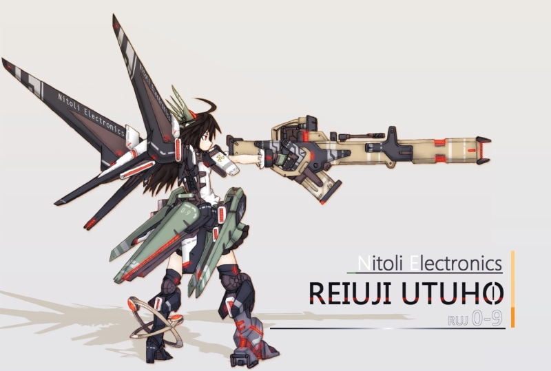 Touhou, 1080P, white background, airplane, flying, transportation, connection, air vehicle, text, robot, mecha girls, Reiuji Utsuho, western script, drone