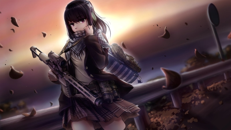 characters, girls, headphones, eyes, anime girls, long, pink, scarf, 1080P, pink eyes, hair, long hair, leaves, original, black hair, black, original characters