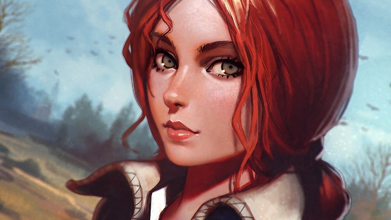 human face, Ilya Kuvshinov, cartoon, hairstyle, young adult, fantasy girl, dyed red hair, video games, drawing, artwork, Triss Merigold, haired, looking at camera