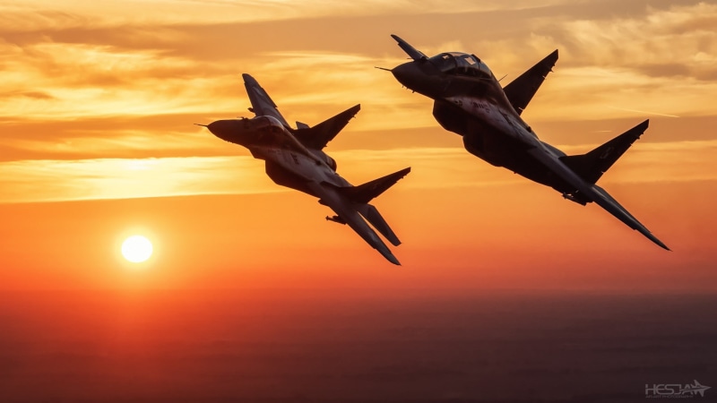 The MiG-29, Sunset, Clouds, 1080P, HESJA Air-Art Photography, The sky, Polish air force, Fighter