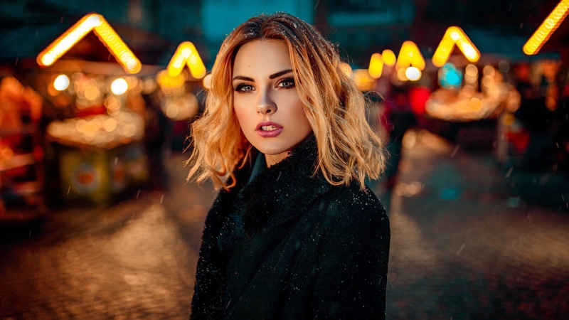focus on foreground, hairstyle, arts culture and entertainment, blonde, short hair, young women, beautiful people, Carla Sonre, black coat, night, portrait