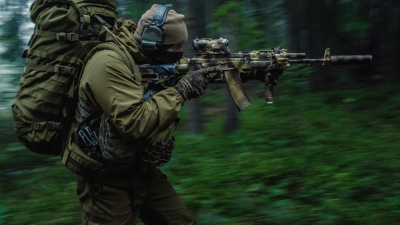 special Forces, army soldier, aiming, forest, one person, weapon, machine gun, army, three quarter length, shooting a weapon, outdoors, soldier, safety