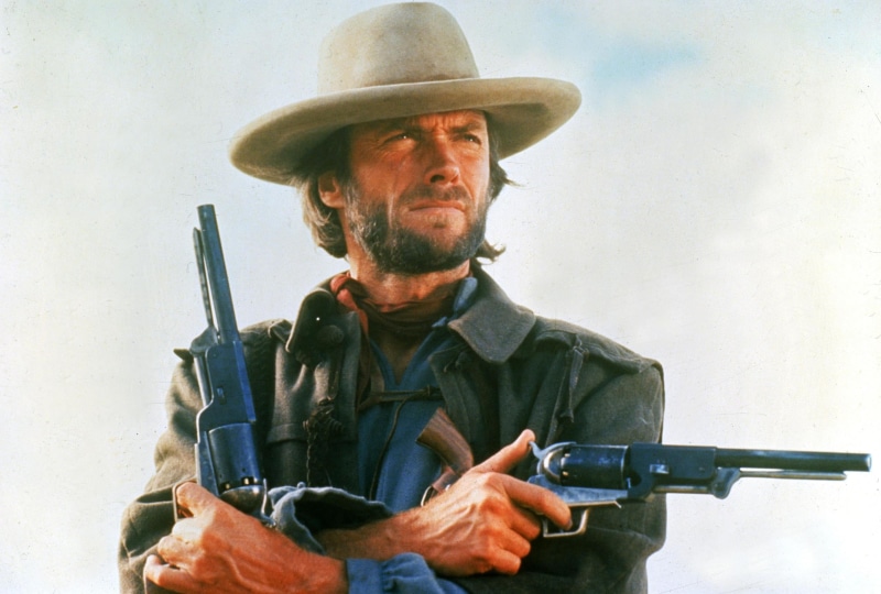 beard, eastwood, photo, one person, men, hollywood, front view, smoke - physical structure, hat, males, portrait, Male celebrities, rifle, actor, cowboy